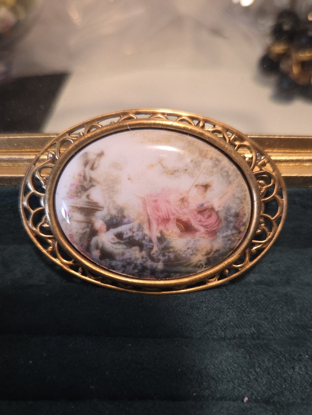 Brass Porcelain Courting Couple Brooch